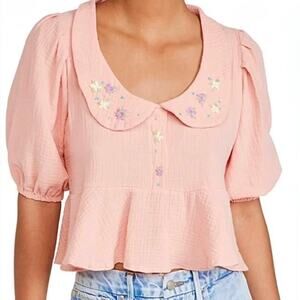 Tach Larina Embroidered Linen Cotton Top Puff Sleeve Peach Pink